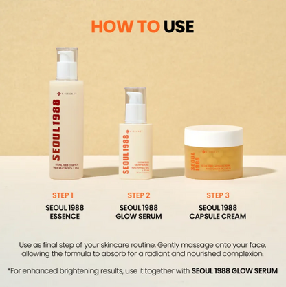 Skincare product set with 'Seoul 1988' branding on a beige background
