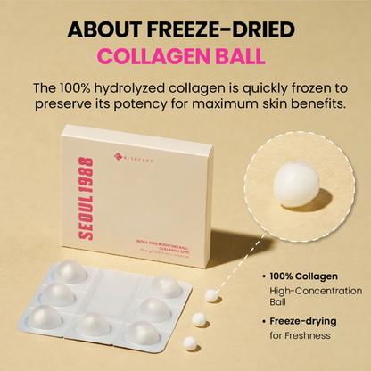 Freeze-dried collagen ball packaging with text on a beige background