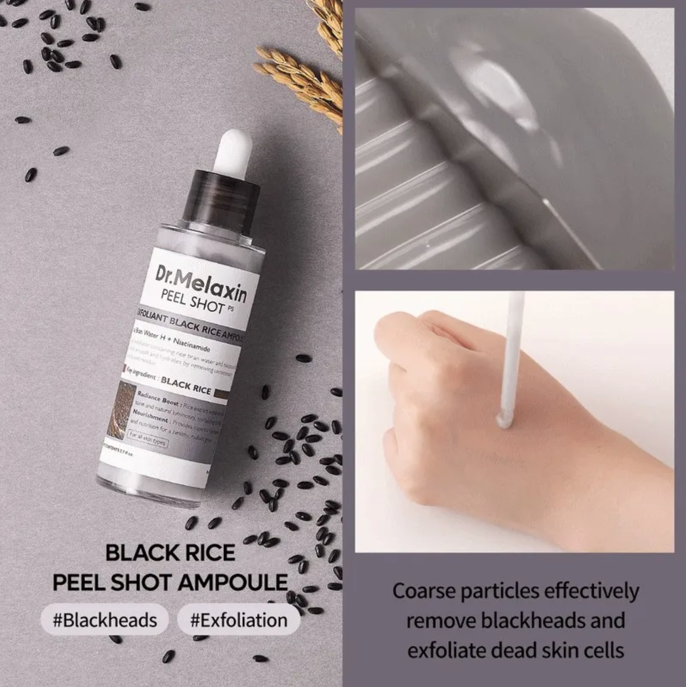 Dr. Melaxin Black Rice Peel Shot Ampoule with black rice seeds and a close-up of application.