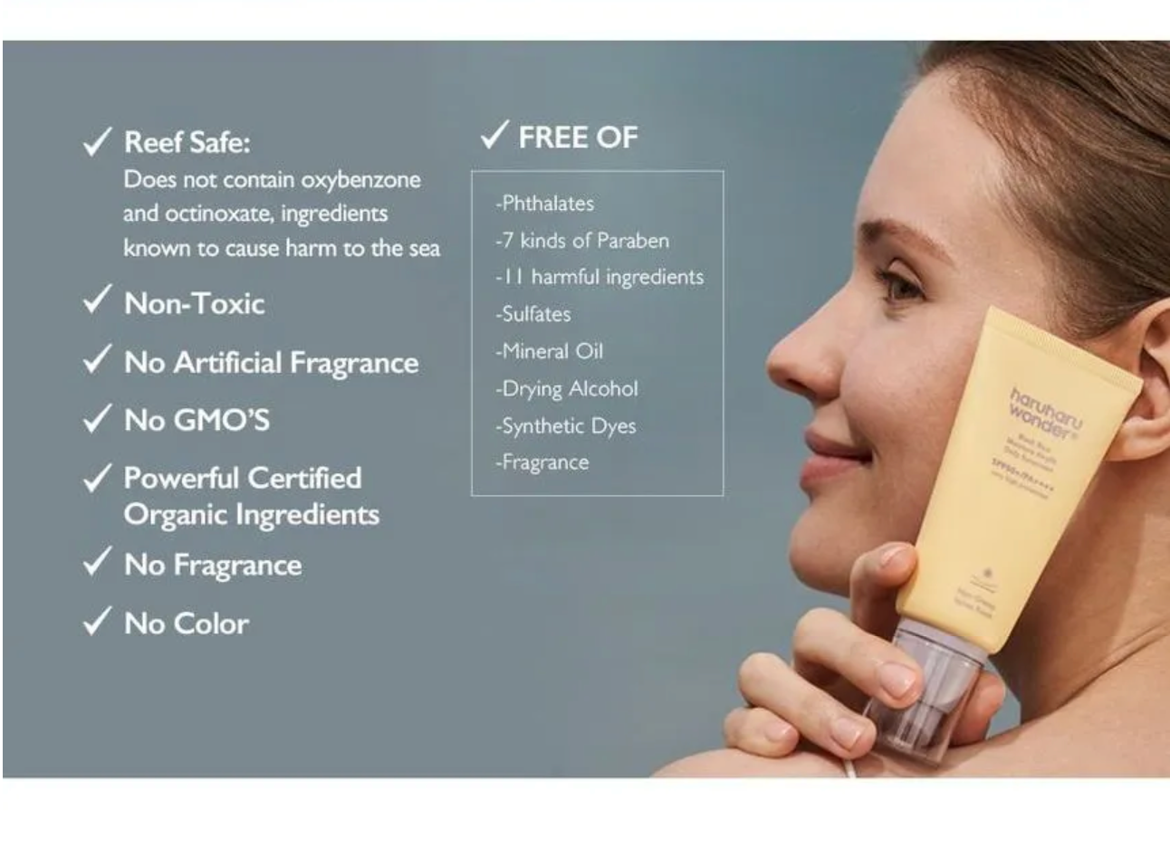 Woman holding a tube of sunscreen with product features listed on a gray background