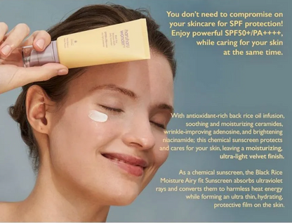 Woman applying sunscreen to her face with a text overlay about skincare and sunscreen product.