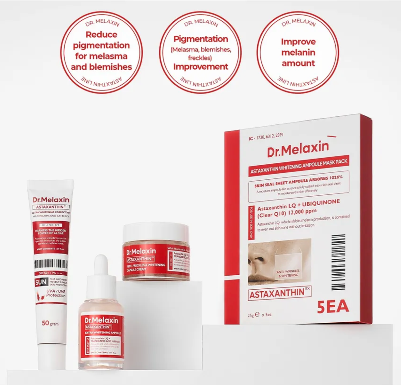 Dr. Melaxin skincare products including a box, tube, and bottles on a white background