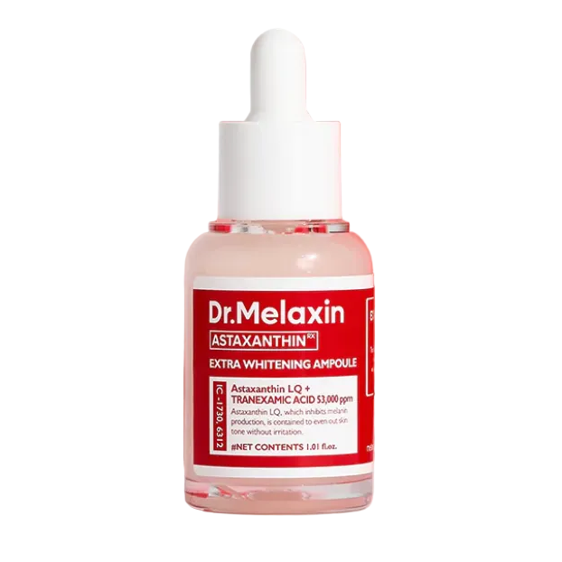 Dr. Melaxin Astaxanthin ampoule bottle on a pink and red gradient background