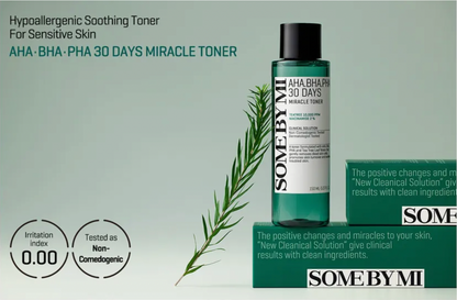 SOME BY MI AHA BHA PHA 30 Days Miracle Toner bottle with green leaf on a light gray background