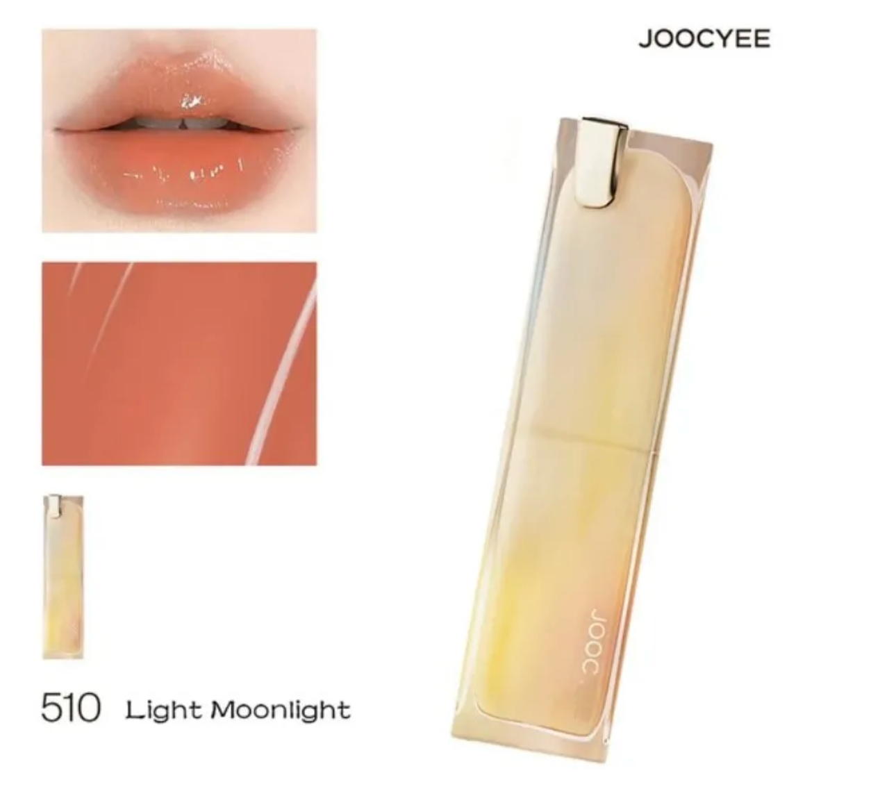Lipstick with packaging and color swatch labeled 'Light Moonlight' by JOOCYEE.