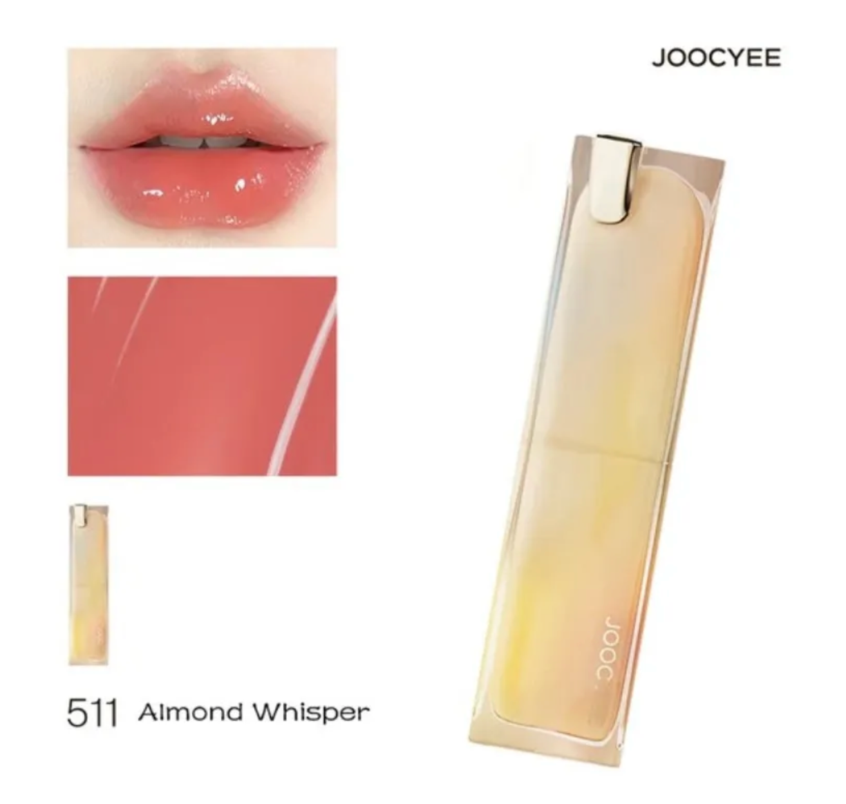 Lip gloss with packaging and color swatch labeled 'Almond Whisper' by JOOCYEE.