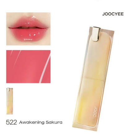 Lip gloss with packaging and color swatches on a white background, featuring the brand 'JOOCYEE'.
