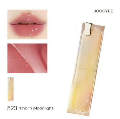 Lipstick with packaging and close-up of lips wearing the color '523 Thorn Moonlight' by JOOCYEE.