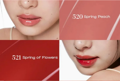 Lipstick shades 520 Spring Peach and 521 Spring of Flowers on a model's lips with color swatches.