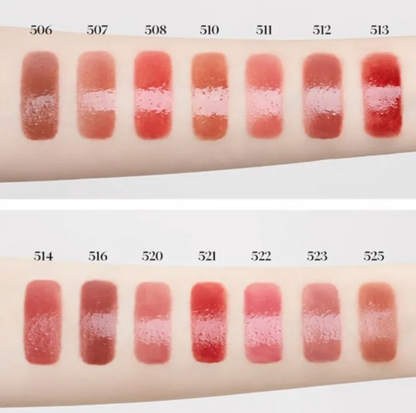 Swatches of lipstick shades on a beige background