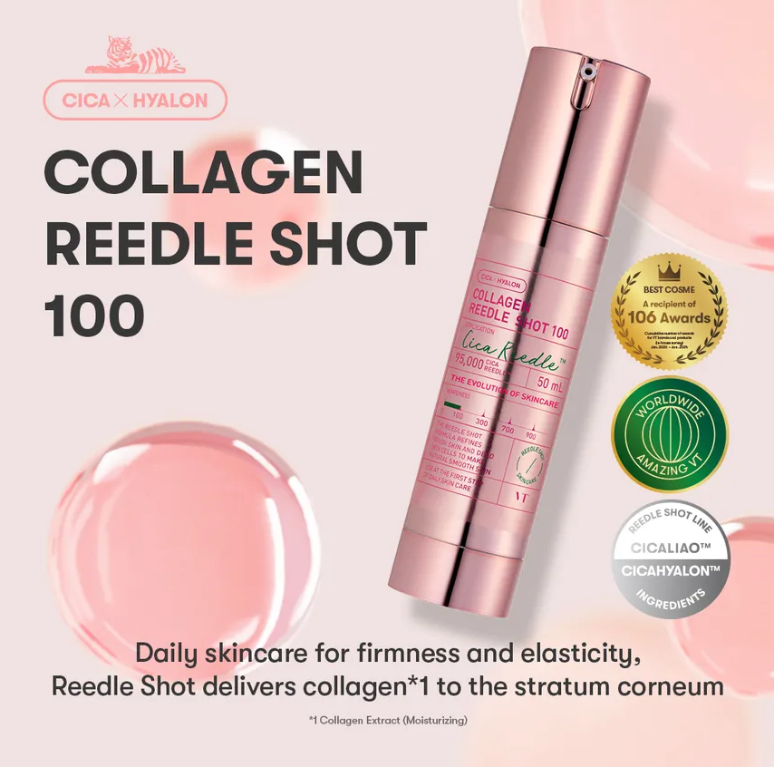 Collagen product with branding and text on a light pink background