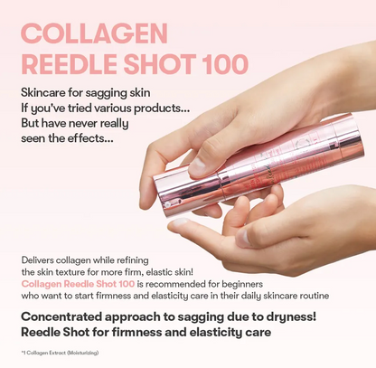 Hand holding a pink and silver skincare device with text about Collagen Reedle Shot 100 on a light pink background.
