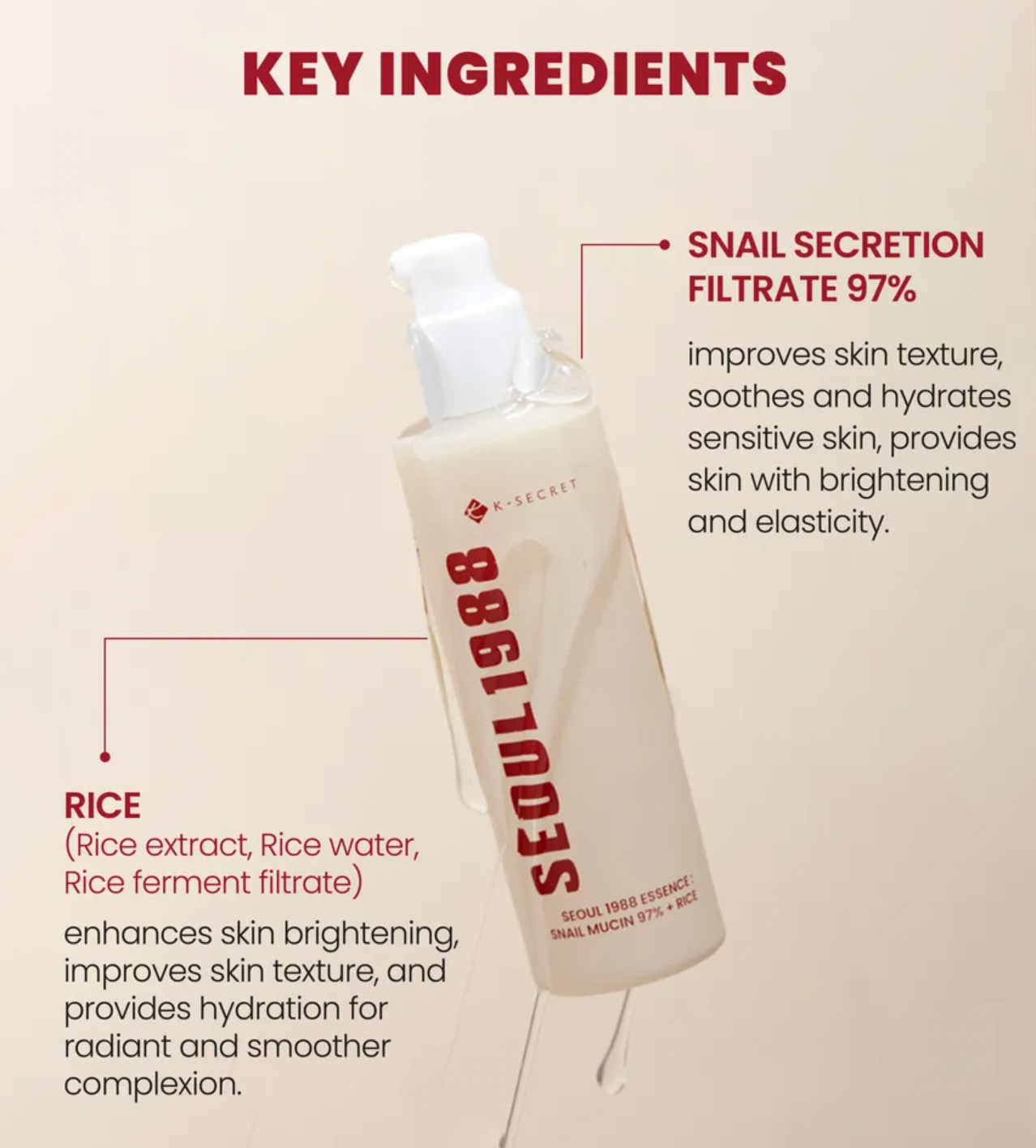 Skincare product with key ingredients listed on a beige background