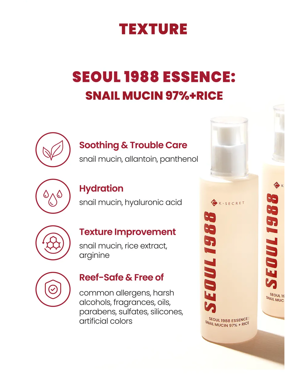 Product packaging with 'Seoul 1988 Essence' text and features listed on a white background.
