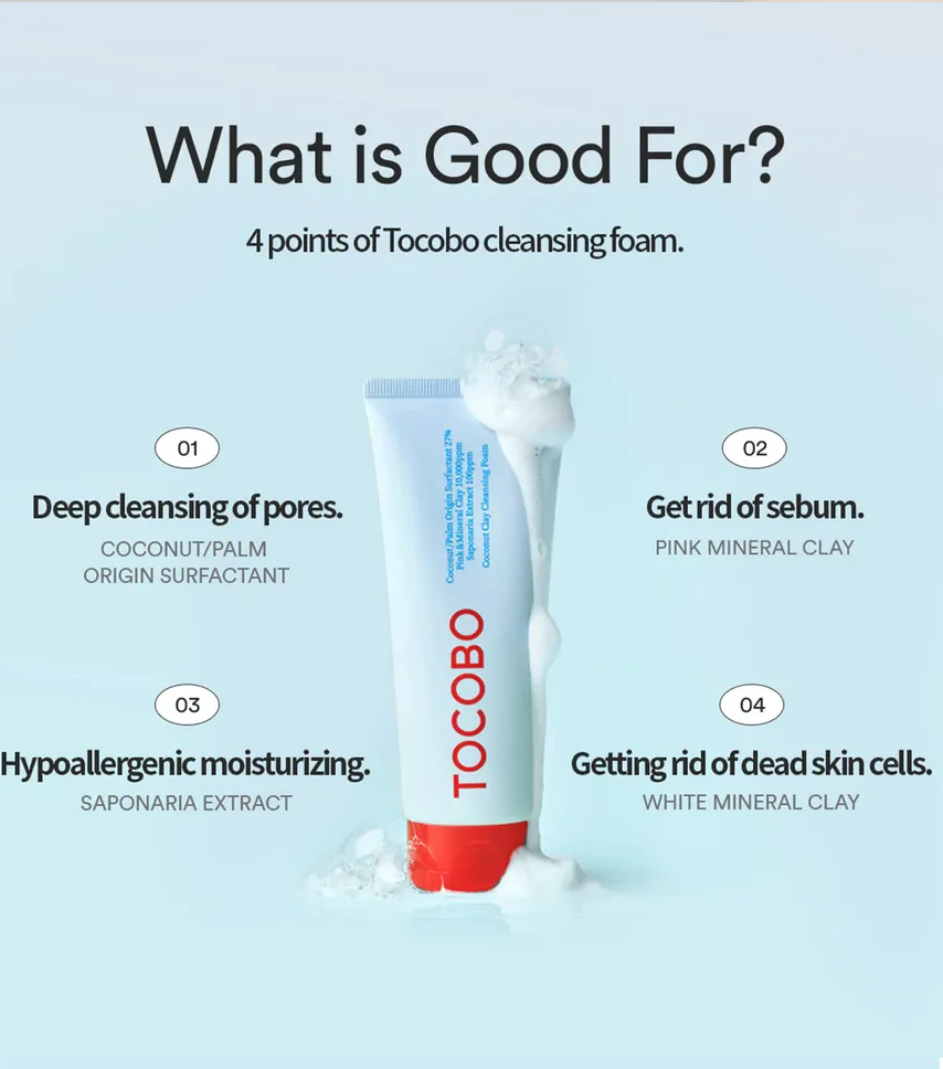 Tocobo cleansing foam with text detailing its benefits on a light blue background