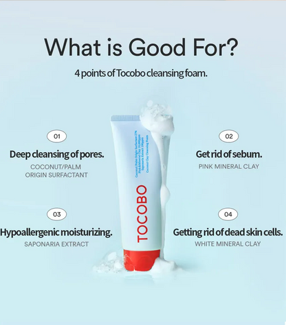 Tocobo cleansing foam with text detailing its benefits on a light blue background