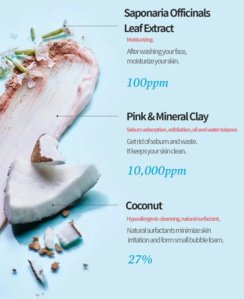 Coconut leaf extract with pink and mineral clay on a light blue background, labeled with their uses and concentrations.