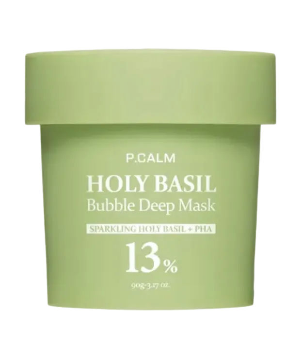 Green container of P.Calm Holy Basil Bubble Deep Mask on a light gray background