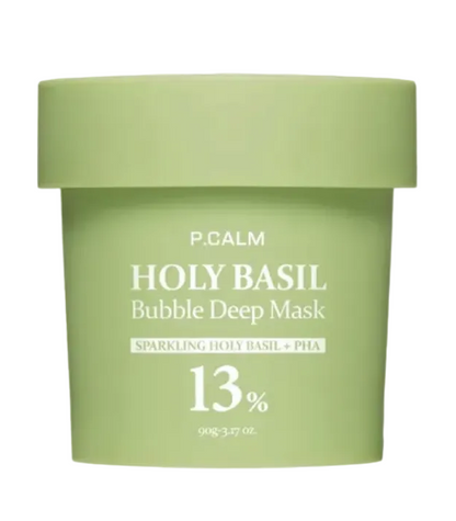 Green container of P.Calm Holy Basil Bubble Deep Mask on a light gray background