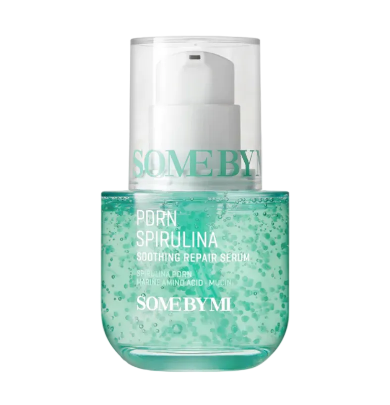 Skincare serum bottle labeled 'SOME BY MI' on a light gray background