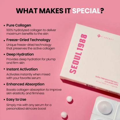Product packaging with text highlighting features on a pink background