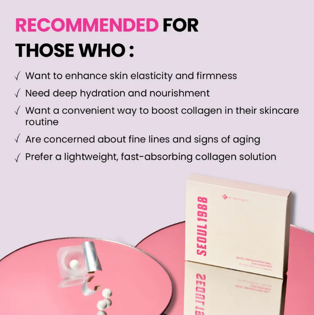 Product packaging with text highlighting benefits on a pink background