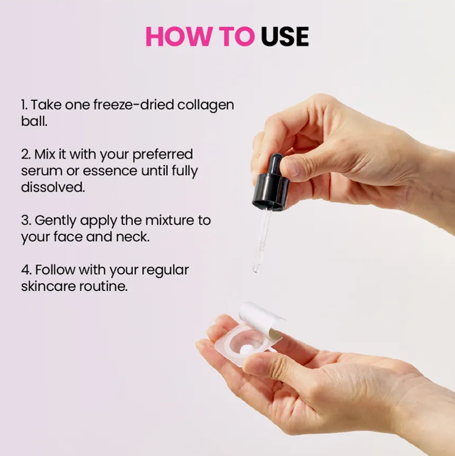 Instructions on how to use a freeze-dried collagen product with a hand holding a dropper and a container.