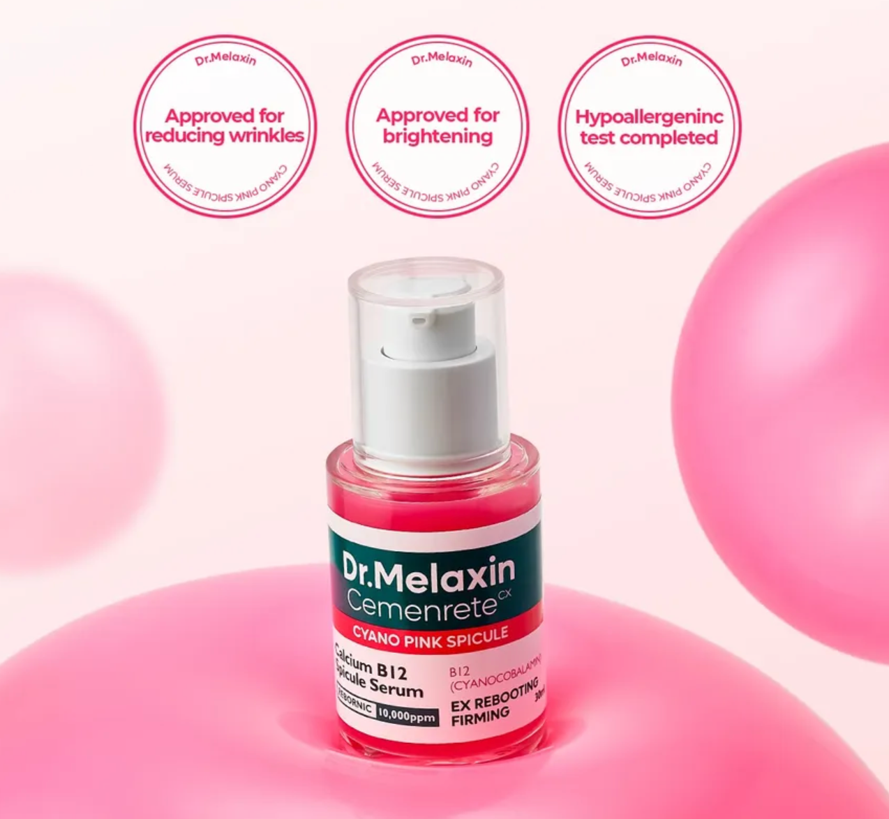 Dr. Melaxin Cemenrete serum bottle with pink background and certification badges.