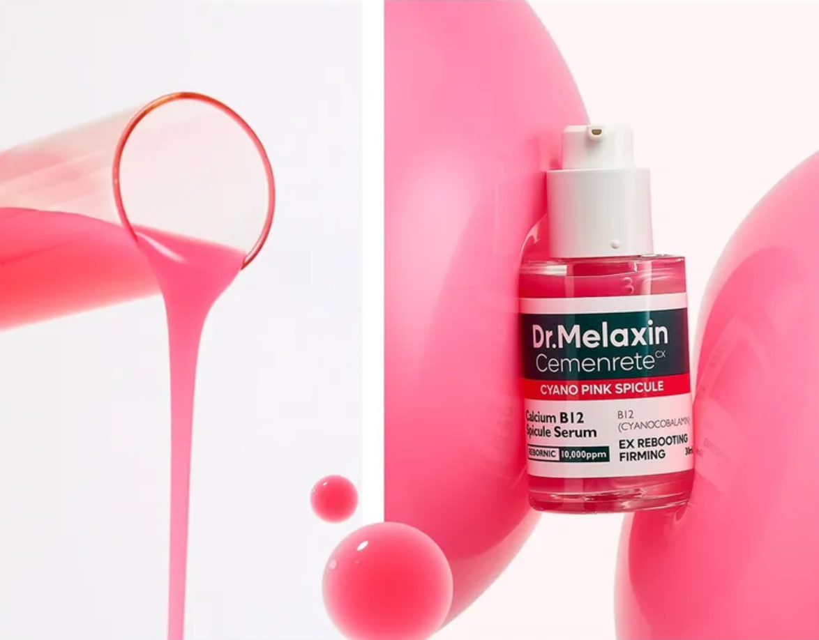 Dr. Melaxin serum bottle with pink liquid and balloons in the background