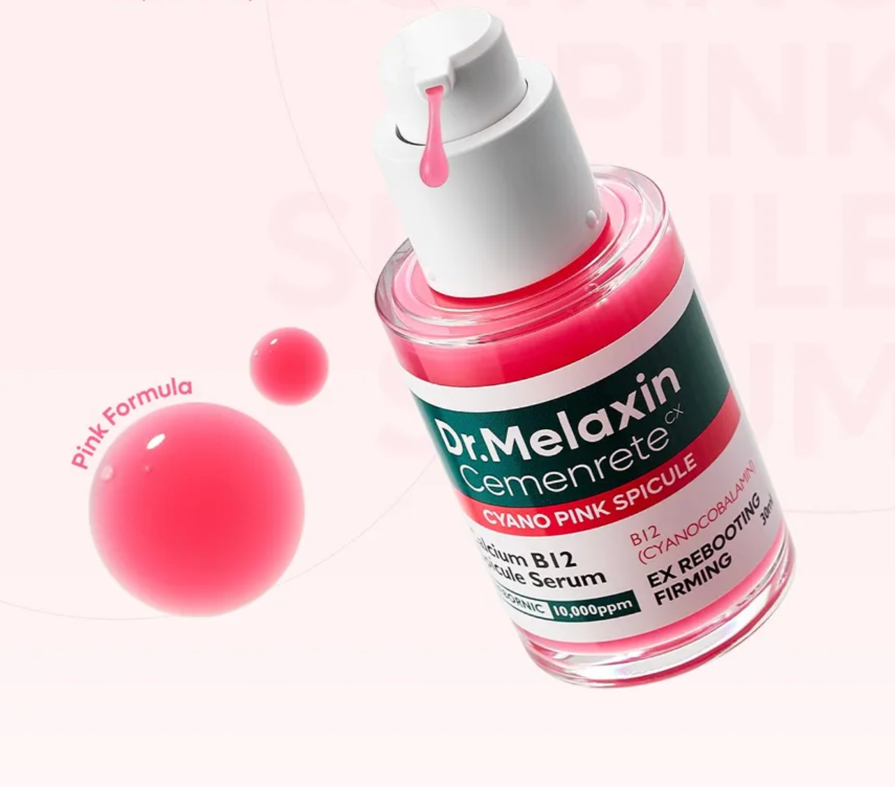 Bottle of Dr. Melaxin Cementrete with pink serum on a white background