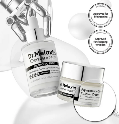 Dr. Melaxin skincare products including a serum and cream with approval badges on a white background.