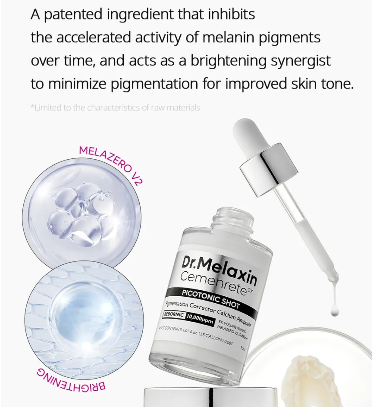 Dr. Melaxin skincare product with dropper and gel pads on a white background
