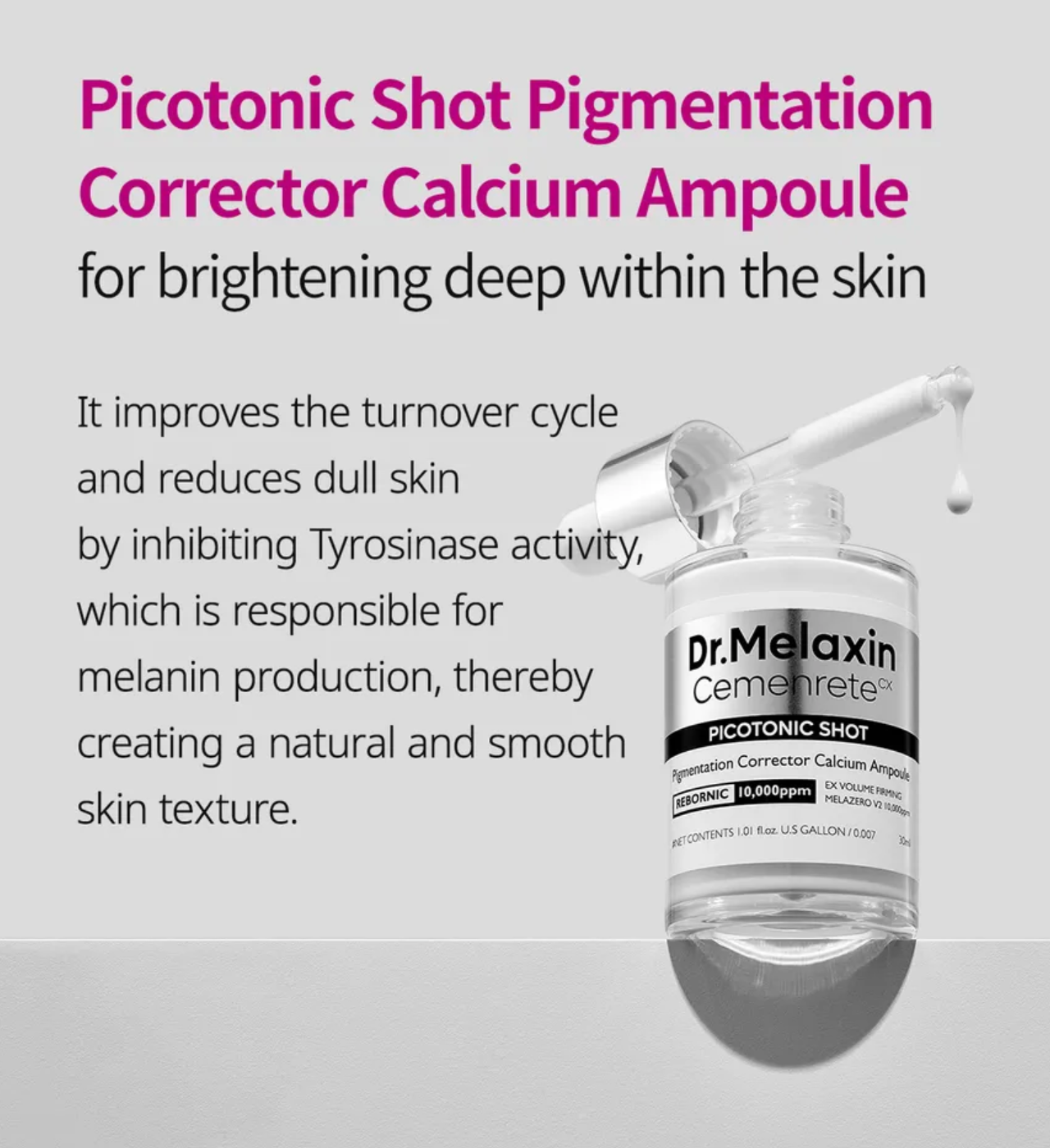 Dr. Melaxin Cemenhrete Picotonic Shot Pigmentation Corrector Calcium Ampoule with text on a white background