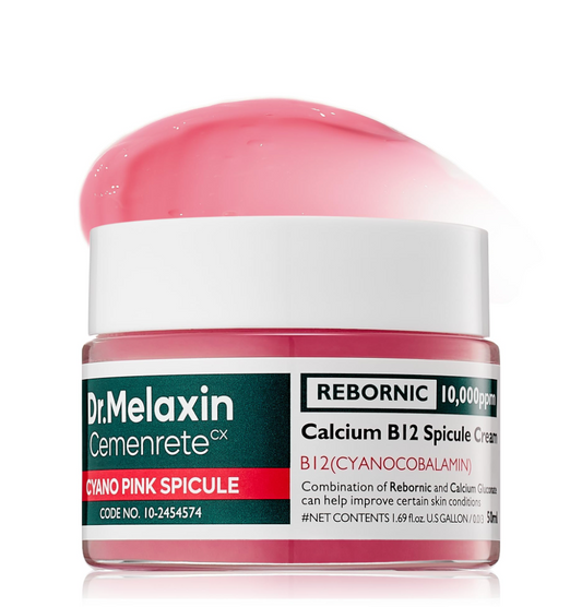 Jar of Dr. Melaxin Cemenrete CX Calcium B12 Spicule Cream with pink lid on a white background