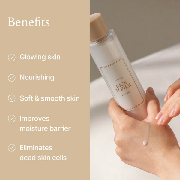 Skincare toner bottle with hand holding it, benefits listed on the side.