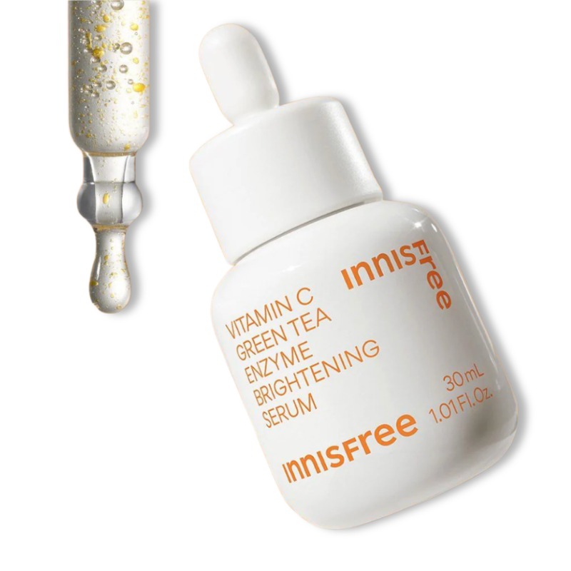 Innisfree Vitamin C Green Tea Enzyme Brightening Serum bottle with dropper on a white background