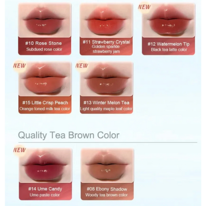 Lip color swatches with shades labeled and a 'Quality Tea Brown Color' text.