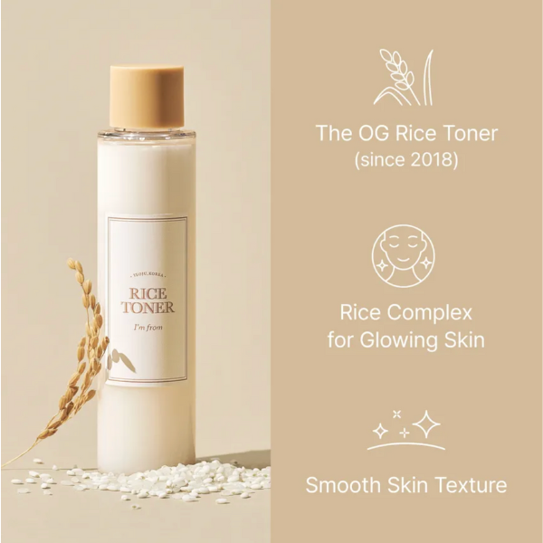 Rice toner bottle with rice complex benefits on a beige background