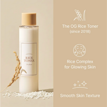 Rice toner bottle with rice complex benefits on a beige background