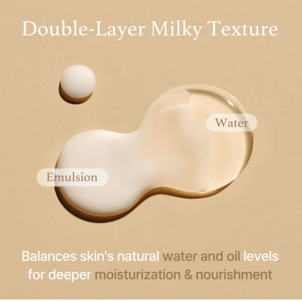 Illustration of a double-layered milky texture with water and emulsion labels on a beige background.