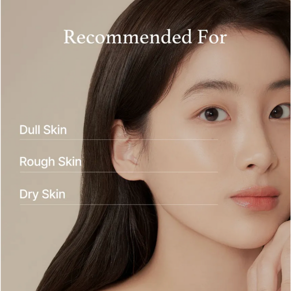 Woman with long dark hair and fair skin, with text indicating skin types it's recommended for.