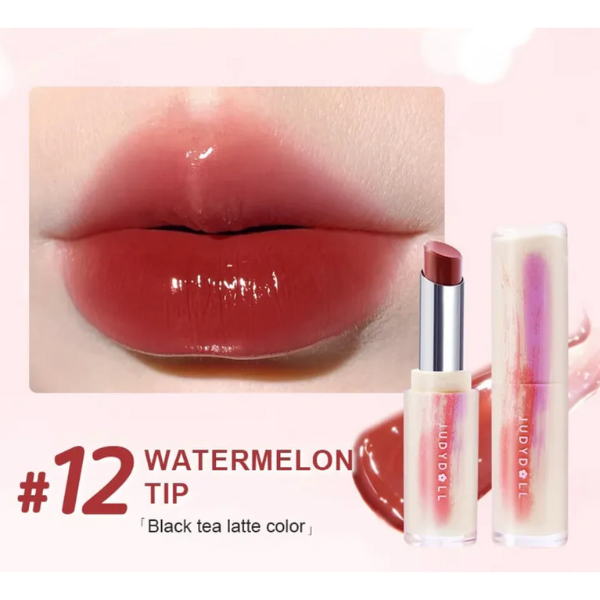 Lipstick with 'Watermelon Tip' shade on a close-up of lips, brand visible.