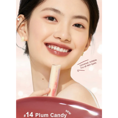 Woman holding a cosmetic product with 'Plum Candy' text on a pink background