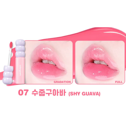 Lip gloss with a gradient and full color swatch on lips, labeled '07 Shy Guava'.