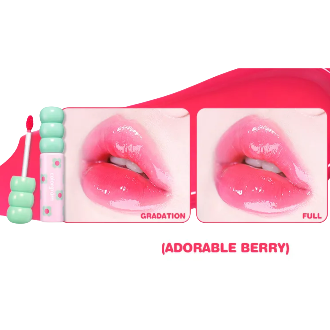 Lip gloss with 'Adorable Berry' color swatches on a white background